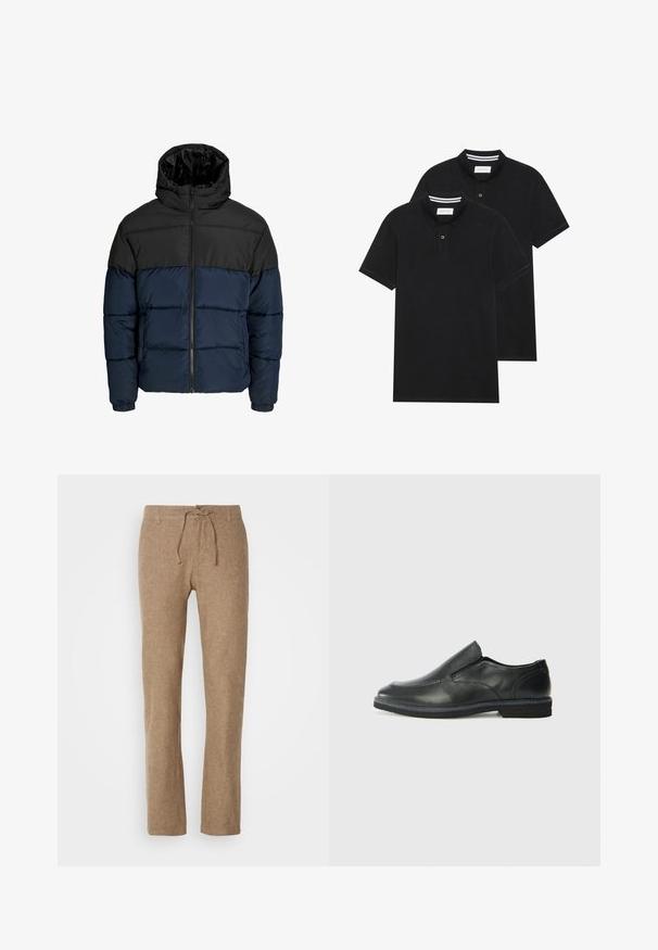 Puhasta jakna z zgornjim delom v črni barvi in spodnjim delom v mornarsko modri barvi. Ima zadrgo, kapuco in elastične manšete. Gladka, oblazinjena tekstura.; Dve črne polo majice, kratke rokave, iz bombažnega materiala, z klasik ovratnikom, dvobodno zaponko in belimi črtkami znotraj ovratnika.; Linen hlače v svetlo rjavi barvi, z vrvico v pasu, ravne noge in teksturirano tkanino. Brez žepov ali dodatnih podrobnosti.; Črne usnjene natikače z gladkim zgornjim delom, prišitimi detajli, zaobljenim nosom in nizkim gumijastim petkom. Podplat ima minimalen profil.
