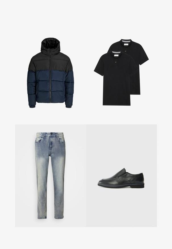 Puffjakker, mille ülemine osa on must ja alumine osa meri sinine. Omab lukuga sulgemist, kapuutsi ja elastseid mansette. Sile, polsterdatud tekstuur.; Kaks musta polo särki, lühikeste varrukatega, puuvillane materjal, klassikalise kraega, kahe nupuga kinnitusega, valgete triipudega krae sisepinnal.; Heledad denim-ksed, mis omavad sirget säärest, viit taskut, nööp sulgemist ning peent kulumist põlvedes.; Must musta laia suuga king, millel on sile ülemine osa, õmmeldud detailid, ümmargune nina ja madal kummist konts. Tallal on minimaalne mustr.