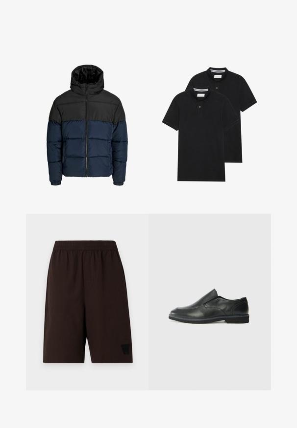 Manteau rembourré avec une partie supérieure noire et une partie inférieure bleu marine. Présente une fermeture éclair, une capuche et des poignets élastiques. Texture lisse et rembourrée.; Deux polos noirs, à manches courtes, en coton, avec un col classique, une patte de boutonnage à deux boutons, et des accents rayés blancs à l'intérieur du col.; Shorts marron à taille élastique avec poches latérales, en tissu texturé, et un logo brodé noir sur la jambe gauche.; Chaussure slip-on en cuir noir avec une tige lisse, des accents cousus, un bout arrondi et un petit talon en caoutchouc. La semelle présente un profil de traction minimal.