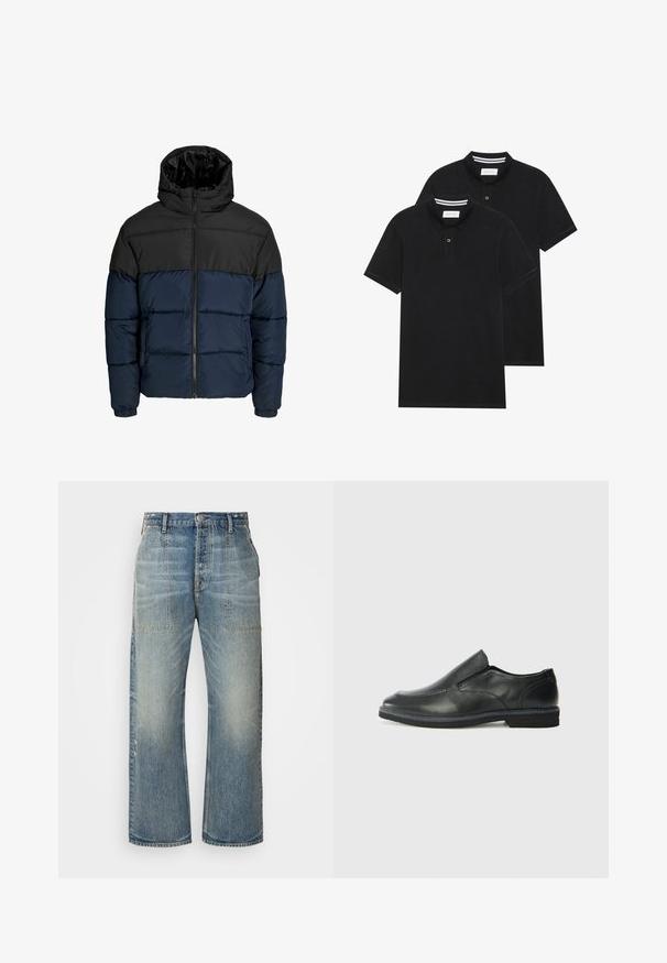 Puffer jacket with a black upper section and navy lower section. Features a zipper closure, hood, and elastic cuffs. Smooth, padded texture.; Two black polo shirts, short-sleeved, cotton material, featuring a classic collar, two-button placket, and white striped accents inside the collar.; Light blue denim wide-leg jeans featuring a high waist, two front pockets, and subtle fading. Classic five-pocket design.; Black leather slip-on shoe with a smooth upper, stitched accents, rounded toe, and a low rubber heel. Sole features minimal tread.