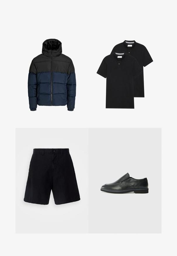 Giubbotto imbottito con la parte superiore nera e la parte inferiore blu navy. Presenta una chiusura con zip, cappuccio e polsini elastici. Texture liscia e imbottita.; Due magliette polo nere, con maniche corte, in cotone, con colletto classico, pattina a due bottoni e dettagli a righe bianche all'interno del colletto.; Pantaloni neri realizzati in un tessuto leggero con una vestibilità rilassata, dotati di chiusura con bottone, passanti per cintura e tasche laterali.; Scarpa nera in pelle con inserto scivolare, superiore liscio, dettagli cuciti, punta arrotondata e tacco in gomma basso. La suola presenta un battistrada minimale.