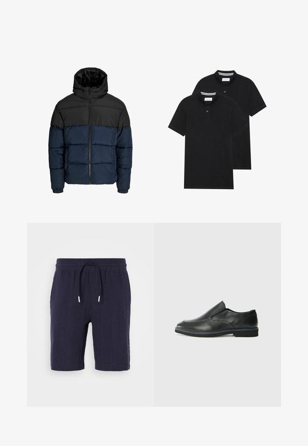 Manteau rembourré avec une partie supérieure noire et une partie inférieure bleu marine. Présente une fermeture éclair, une capuche et des poignets élastiques. Texture lisse et rembourrée.; Deux polos noirs, à manches courtes, en coton, avec un col classique, une patte de boutonnage à deux boutons, et des accents rayés blancs à l'intérieur du col.; Shorts navy avec un motif texturé, taille élastique et cordon de serrage. Présente une coupe décontractée et une longueur au-dessus du genou.; Chaussure slip-on en cuir noir avec une tige lisse, des accents cousus, un bout arrondi et un petit talon en caoutchouc. La semelle présente un profil de traction minimal.
