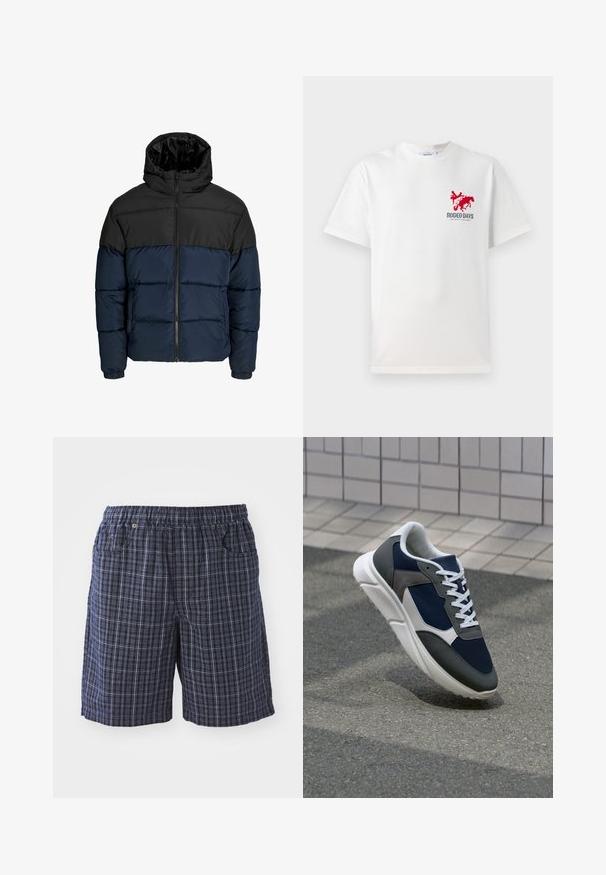 Puffatakki, jossa on musta yläosa ja tummansininen alaosa. Varustettu vetoketjutaskulla, hupulla ja joustavilla hihoilla. Sileä, pehmustettu pinta.; Valkoinen puuvillapaita, jossa on vasemmassa rinnassa punainen cowboy- ja hevoshahmo sekä "RODEO DAYS" -teksti kuvion alla.; Navy plaid shorts with an elastic waistband, featuring pockets and a loose fit. Made of lightweight fabric with a checkered design.; Kengät, joissa on tummansininen verkkopäällinen, harmaat mokka-yksityiskohdat, valkoinen kumipohja ja litteät valkoiset nauhat, suunniteltu mukavuutta ja hengittävyyttä varten.