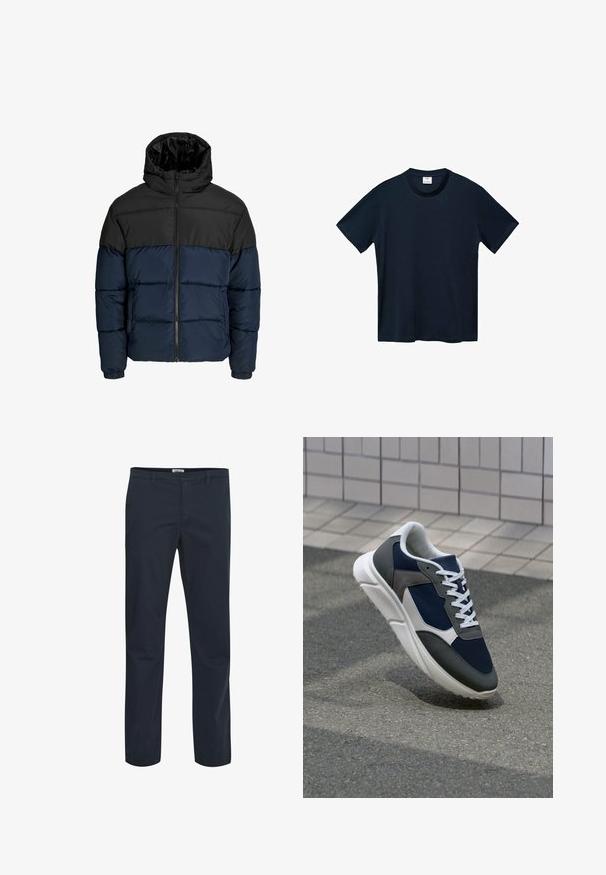 Puhasta jakna z zgornjim delom v črni barvi in spodnjim delom v mornarsko modri barvi. Ima zadrgo, kapuco in elastične manšete. Gladka, oblazinjena tekstura.; Temno modra majica s kratkimi rokavi, izdelana iz mehkega bombaža, s krožnim izrezom in čistim, ravnim robom brez vidnih vzorcev.; Temno modri hlače iz mešanice bombaža. Imajo klasičen dizajn z sprednjimi žepi in zadrgo. Gladka tekstura.; Superge z zgornjim delom iz mrežaste tkanine v mornarsko modri barvi, sivi usnjeni poudarki, belo gumijasto podplato in ravnimi belimi vezalkami, zasnovane za udobje in zračnost.
