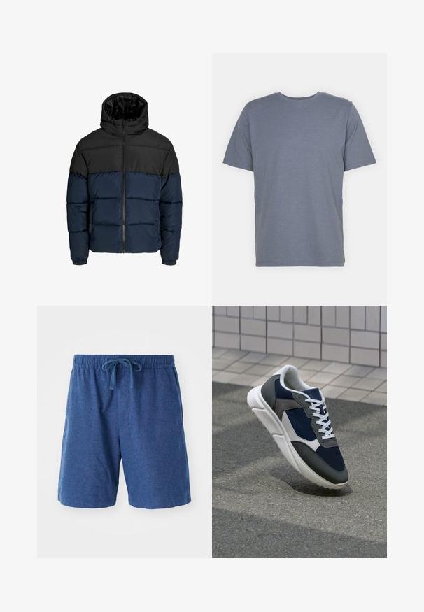 Pufferjakke med en sort overdel og en marineblå underdel. Har en lynlåslukning, hætte og elastiske manchetter. Glat, polstret tekstur.; Grå T-shirt med korte ærmer og rund hals, lavet af blødt bomuldsblandingsstof. Enkel design, ingen mønstre eller accenter.; Blå vævede shorts med elastisk talje, snøre lukning og sidelommer. Kort længde med en glat, tekstureret overflade.; Sneakers med en overdel i marineblå mesh, grå suedeteksturer, hvid gummisål og flade hvide snørebånd, designet til komfort og åndbarhed.