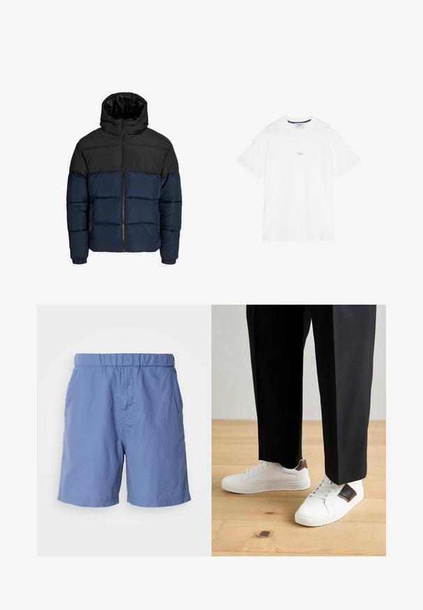 Pufová bunda s černou horní částí a námořnickou modrou spodní částí. Obsahuje zip, kapuci a elastické manžety. Hladký, polstrovaný povrch.; Bílý bavlněný tričko s krátkými rukávy, kulatým výstřihem a jemným textem uprostřed. Hladká textura s volným střihem.; Modré, lehké šortky s elastickým pasem, plochým předním dílem a bočními kapsami. Vyrobené z měkké, prodyšné tkaniny, vhodné na teplé počasí.; Bílé tenisky s hladkým povrchem, s hnědými koženými akcenty a černými detaily, kombinované s černými kalhotami na míru. Pozadí tvoří dřevěná podlaha.