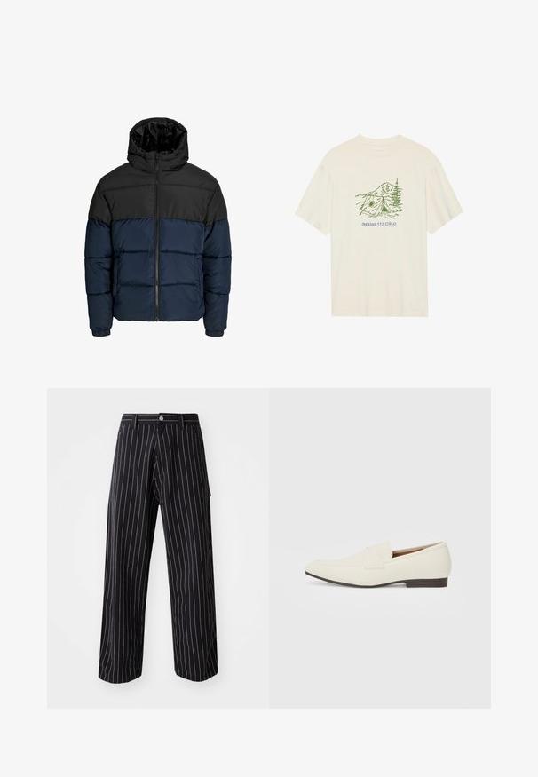 Fújtatott dzseki fekete felső résszel és tengerészkék alsó résszel. Cipzáras záródással, kapucnival és elasztikus mandzsettákkal rendelkezik. Simább, párnázott textúra.; Krém színű pamut póló rövid ujjal, zöld kemping témájú grafikával és "PHOENIX 112.0740" felirattal.; Tengerészkék csíkos nadrág széles szárakkal, függőlegesen fehér vékony csíkos anyagból készült, gombos és cipzáros záródással, valamint oldalsó zsebekkel.; Világos bézs loaferek hegyes orral, sima anyagból, a lábfejen lévő pánttal és alacsony barna talppal. Egyszerű dizájn, minimális díszítéssel.