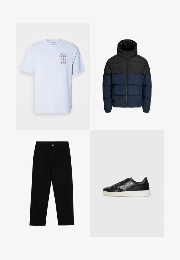 Chaqueta tipo puff con una sección superior negra y una sección inferior azul marino. Cuenta con un cierre de cremallera, capucha y puños elásticos. Textura suave y acolchada.; Camiseta de algodón azul claro con cuello redondo y mangas cortas. Gráfico frontal que presenta una palmera y elementos de playa en marrón oscuro.; Pantalones de mezclilla negra con corte recto, diseño de cinco bolsillos y cierre frontal con botón. Textura suave con detalles de costura mínimos.; Zapatillas negras con parte superior de cuero con textura de cocodrilo en relieve, puntera redondeada y una suela de goma blanca contrastante con un acabado suave.
