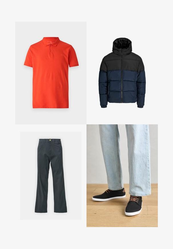 Pūšamo jaka ar melnu augšējo daļu un tumši zilā apakšējā daļā. Aprīkota ar rāvējslēdzēju, kapuci un elastīgiem piedurkņu galiem. Gluda, polsterēta tekstūra.; Sarkans polo krekls, izgatavots no gludas kokvilnas, ar klasisku apkakli, īsām piedurknēm un trim pogām pie kakla. Uz krūškurvja ir vienkāršs izšūts logo.; Melnas bikses ar taisnu kāju griezumu, izgatavotas no kokvilnas maisījuma auduma. Tām ir metāla pogas aizdare un sānu kabatas. Nav redzamu rakstu.; Melnas auduma čības ar brūniem akcentiem, baltām gumijas zolēm un brūnām šņorēm, kombinētas ar gaiši ziliem taisnajiem džinsiem. Koka grīdas fons.