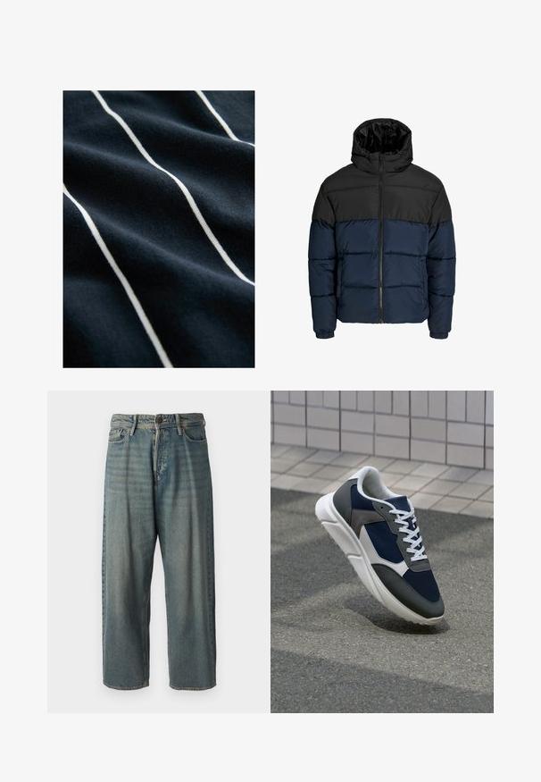 Fújtatott dzseki fekete felső résszel és tengerészkék alsó résszel. Cipzáras záródással, kapucnival és elasztikus mandzsettákkal rendelkezik. Simább, párnázott textúra.; Sötétkék szövet fehér függőleges csíkokkal, sima textúrával és enyhe fényességgel, kiemelve a csíkos mintát.; Világoskék farmernadrág, laza fazonnal, közepes derékbőséggel és egyenes szárral. Öt zsebet, övbucskát és gombos záródást tartalmaz.; Cipő, amelynek sötétkék hálós felsőrésze, szürke velúr díszítései, fehér gumitalpa és lapos fehér fűzője van, a kényelem és a légáteresztő képesség érdekében tervezve.