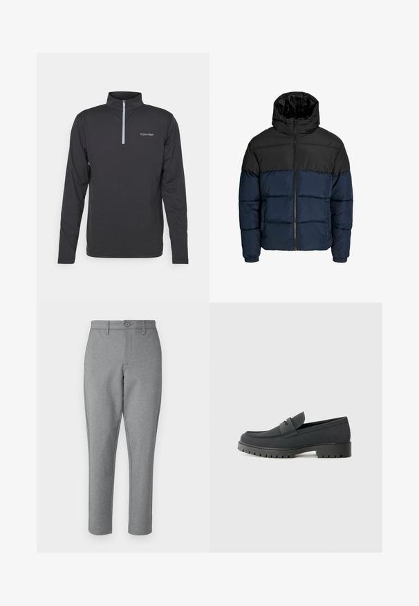 Fújtatott dzseki fekete felső résszel és tengerészkék alsó résszel. Cipzáras záródással, kapucnival és elasztikus mandzsettákkal rendelkezik. Simább, párnázott textúra.; Fekete, hosszúujjú pulóver negyedzippes nyakkal. Bal mellen logó található, sima, könnyű anyagból készült.; Szürke, finom textúrájú, egyenes szabású nadrág, elöl gombos záródással. Övhurkokkal és oldalsó zsebekkel rendelkezik.; Fekete loafer cipő sima, matt felülettel, lekerekített orral és vastag, textúrált talppal. Elől csíkkal díszített.