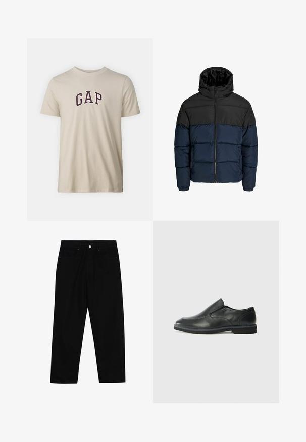 Puffjakker, mille ülemine osa on must ja alumine osa meri sinine. Omab lukuga sulgemist, kapuutsi ja elastseid mansette. Sile, polsterdatud tekstuur.; GAP NEW ARCH - Trükipildiga T-särk - bedrock; Mustadest denimist püksid, millel on sirge jalg, viie tasku disain ja eesnupuga sulgur. Sile tekstuur koos minimaalsete õmblustega.; Must musta laia suuga king, millel on sile ülemine osa, õmmeldud detailid, ümmargune nina ja madal kummist konts. Tallal on minimaalne mustr.