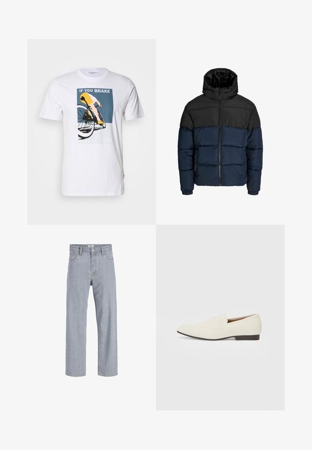 Pūšamo jaka ar melnu augšējo daļu un tumši zilā apakšējā daļā. Aprīkota ar rāvējslēdzēju, kapuci un elastīgiem piedurkņu galiem. Gluda, polsterēta tekstūra.; Balta kokvilnas T-krekls ar velosipēda grafiku. Dizains ietver riteņbraucēju dzeltenā un zilā krāsā ar tekstu: "JA TU BREMZĒ, TU NEUZVARI."; Gai zils džinsu audums ar brīvu piegriezumu, taisnu kāju dizainu, redzamām šuvēm, divām priekšējām kabatām un pogu aizdari.; Gai bēša kurpes ar smailu pirkstu, gludu materiālu, siksnu pāri pēdas daļai un zemu brūnu zoli. Vienkāršs dizains ar minimāliem akcentiem.