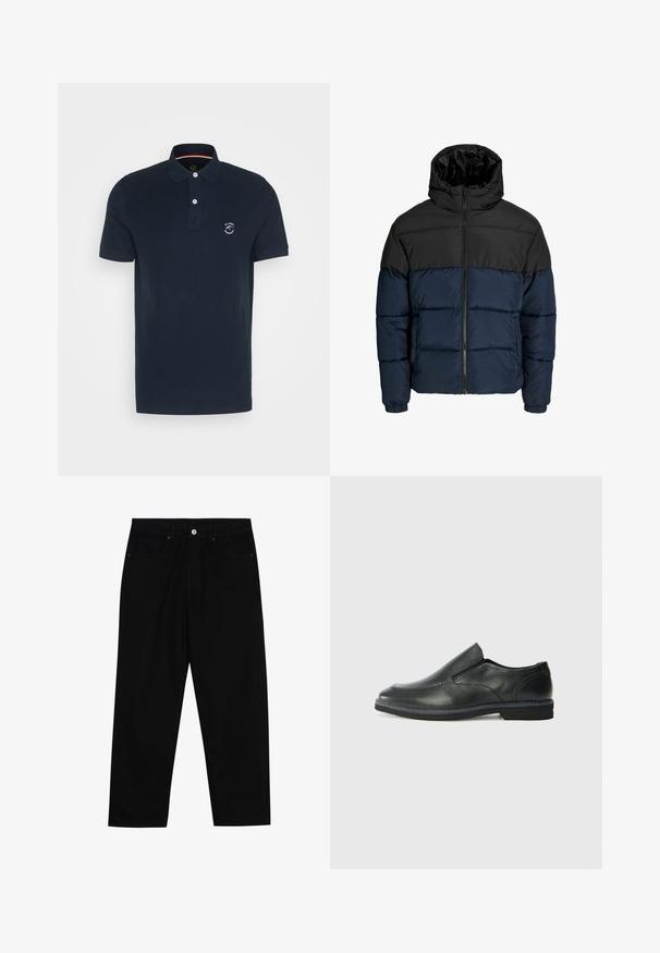Chaqueta tipo puff con una sección superior negra y una sección inferior azul marino. Cuenta con un cierre de cremallera, capucha y puños elásticos. Textura suave y acolchada.; Polo de color azul marino en algodón con una tapeta de dos botones, mangas cortas y un logo en el lado izquierdo del pecho. Textura suave, corte clásico.; Pantalones de mezclilla negra con corte recto, diseño de cinco bolsillos y cierre frontal con botón. Textura suave con detalles de costura mínimos.; Zapato negro de cuero sin cordones con un upper suave, detalles de costura, punta redonda y un bajo tacón de goma. La suela presenta una tracción mínima.