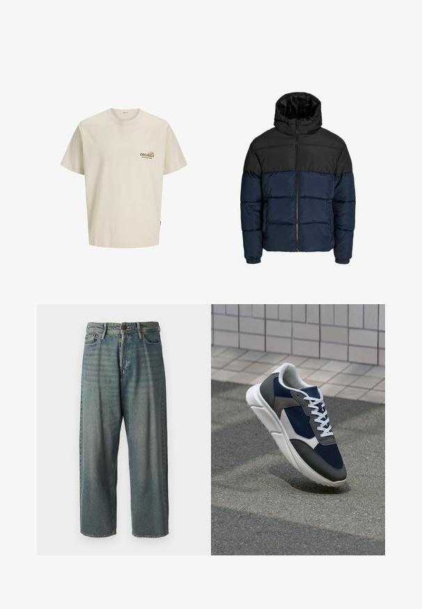 Puffer jacket with a black upper section and navy lower section. Features a zipper closure, hood, and elastic cuffs. Smooth, padded texture.; Light beige cotton t-shirt with short sleeves, round neckline, and a printed logo that reads "ORIGINALS ESTABLISHED IN 1900" on the chest.; Light blue denim jeans with a loose fit, mid-rise waist, and straight legs. Features five pockets, belt loops, and a button closure.; Sneaker featuring a navy blue mesh upper, gray suede accents, white rubber sole, and flat white laces, designed for comfort and breathability.