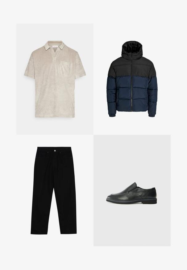 Puffjakke med svart øvre del og marineblå nedre del. Har glidelås, hette og elastiske mansjetter. Glatt, polstret tekstur.; Beige kortermet polo-skjorte i myk, teksturert stoff, med krage og en enkelt brystlomme.; Sorte denimbukser med rett benklipp, fem-lomme design og frontknappåpning. Jevn tekstur med minimale sømdetaljer.; Sorte skinn slip-on sko med en jevn overflate, stikking detaljer, rund tå og en lav gummihæl. Sålen har minimal mønstring.