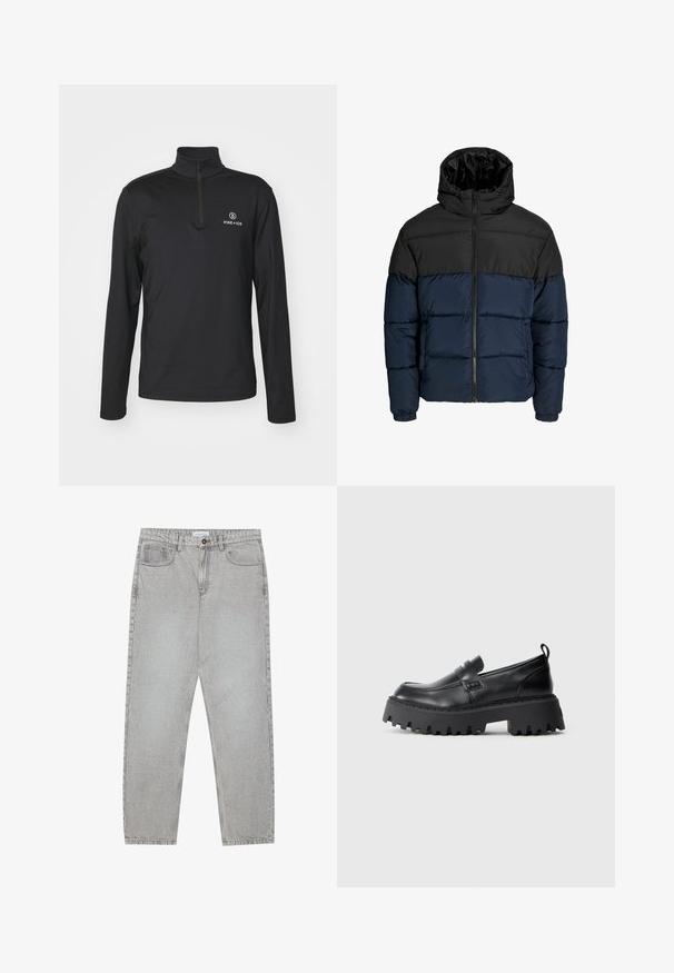 Fújtatott dzseki fekete felső résszel és tengerészkék alsó résszel. Cipzáras záródással, kapucnival és elasztikus mandzsettákkal rendelkezik. Simább, párnázott textúra.; Bogner Fire + Ice PASCAL - Hosszú ujjú felső - deepest navy; Világosszürke farmernadrág egyenes szabással, öt zsebes stílusban, gombos záródással. Látható varrások az illesztéseknél.; Fekete bőrcipők, gumitalppal, vastag sarokkal, peremmel és díszcsíkkal az elején. Lekerekített orrú kialakítás.