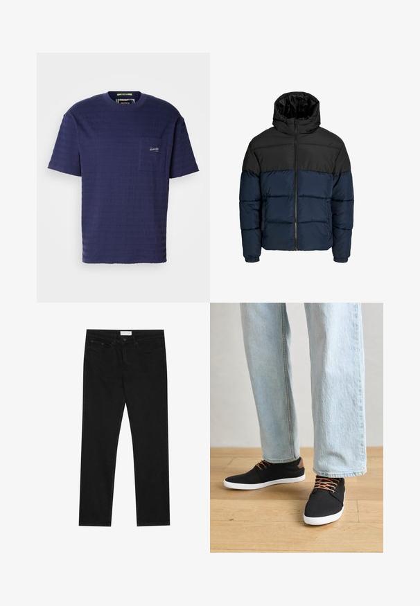 Jachetă puffer cu secțiune superioară neagră și secțiune inferioară bleumarin. Dispune de un sistem de închidere cu fermoar, glugă și manșete elastice. Textură netedă și căptușită.; Tricou scurt cu maneci, de culoare bleumarin, dintr-un material texturat, prezentând dungi orizontale și un mic buzunar pe piept cu un logo.; Jeans negri cu croială drept, cu cinci buzunare, închidere cu nasture și fermoar, și etichetă de marcă Pier One pe talie.; Tenisi negri din pânză cu accente maro, talpă din cauciuc alb și șireturi maro, asortați cu blugi drepti de culoare albastră deschisă. Fundal din lemn.