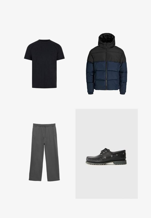 Donsjack met een zwart bovenstuk en een marineblauw onderstuk. Bevat een ritssluiting, capuchon en elastische manchetten. Soepele, gewatteerde textuur.; Zwarte crew-neck t-shirt van soepele stof. Heeft korte raglanmouwen en een subtiel reliëflogo op de voorkant van de borst.; Donkergrijze wijde sweatpants met elastische tailleband, verstelbare koord en twee zijzakken, gepresenteerd op een witte achtergrond.; Zwarte, gestructureerde veterschoen met een ronde neus, metalen veterogen en een robuuste grijze rubberen zool. Heeft een geweven patroon op het bovenwerk.