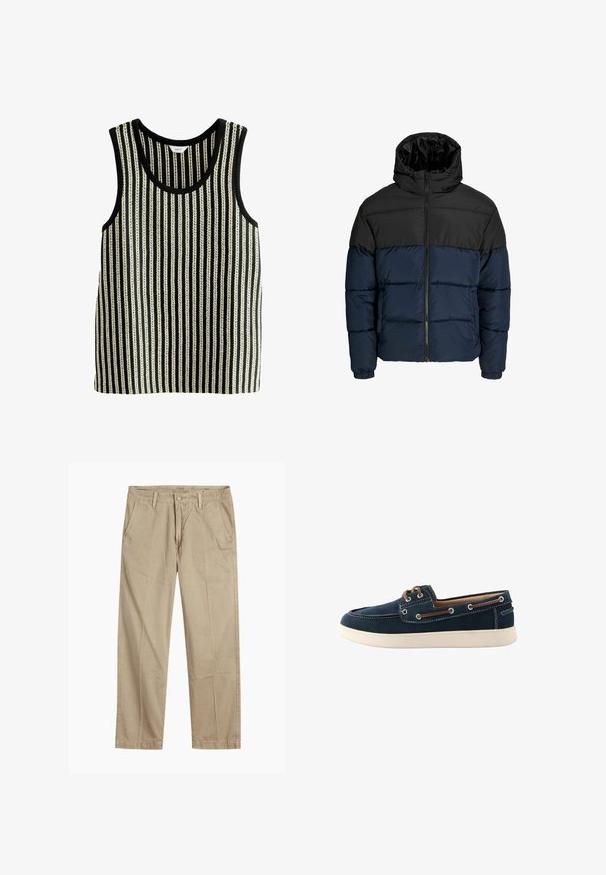 Pučiama striukė su juodu viršutiniu ir tamsiai mėlynu apatiniu skyriumi. Su užtrauktuku, gobtuvu ir elastingais rankogaliais. Lygus, paminkštintas paviršius.; Juodai baltas dryžuotas marškinėlis be rankovių su apvalia iškirpte. Audinys turi pakaitomis storas ir plonas vertikalias linijas.; Bežiniai tiesaus kirpimo chinos kelnės su diržo kilputėmis, priekyje esančia mygtuko ir užtrauktuko uždarymo sistema, bei šoninėmis kišenėmis.; Tamsiai mėlynos švarkelinės bateliai pagaminti iš audinio, su balta siūle ir guminiais padais. Yra rudos spalvos raišteliai ir kilpelės. Apvalus pirštų dizainas.