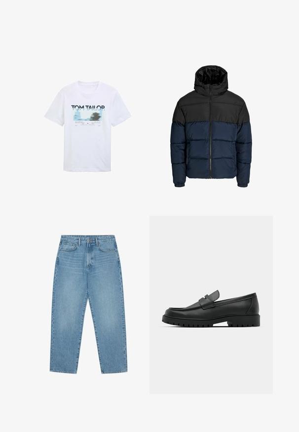 Pufferjakke med en sort overdel og en marineblå underdel. Har en lynlåslukning, hætte og elastiske manchetter. Glat, polstret tekstur.; Hvid bomulds-T-shirt med et blåt og sort grafisk print med tekst. Kortærmet og rund halsudskæring, afslappet pasform.; Lys blå denim wide-leg jeans med høj talje, der har fem lommer, bæltestropper og en blød, let falmet tekstur.; Sorte læder loafers med rund tå, der har et syet design, lav platformssål og en struktureret, skridsikker gummisål.