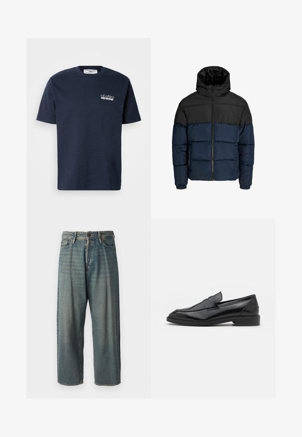 Pufová bunda s černou horní částí a námořnickou modrou spodní částí. Obsahuje zip, kapuci a elastické manžety. Hladký, polstrovaný povrch.; Námořnická modrá bavlněná tričko s krátkými rukávy a kulatým výstřihem, na levé části hrudi je bílé vyšívané text "Negroni per favore".; Světle modré denimové džíny s volným střihem, středně vysokým pasem a rovnými nohavicemi. Obsahují pět kapes, poutka na opasek a zapínání na knoflík.; Černé kožené mokasíny s hladkým povrchem, s kulatou špičkou a úzkým páskem přes svršek. Nízký vrstvený podpatek.