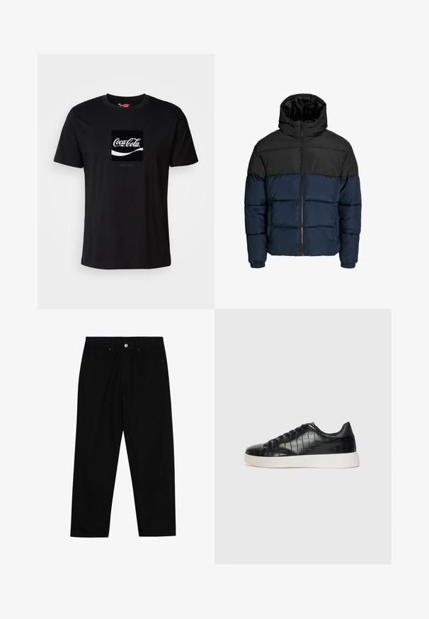 Fújtatott dzseki fekete felső résszel és tengerészkék alsó résszel. Cipzáras záródással, kapucnival és elasztikus mandzsettákkal rendelkezik. Simább, párnázott textúra.; Fekete pamut póló rövid ujjakkal és kerek nyakkivágással, amelyen fehér Coca-Cola logó grafika és egy téglalap alakú díszítés található.; Fekete farmernadrág, egyenes szabással, öt zsebből álló dizájnnal és elülső gombos záródással. Simább felület minimális varrási részletekkel.; Fekete sportcipő, amely texturált krokodilbőr felsőrésszel, kerek orral és sima felületű, kontrasztos fehér gumitalppal rendelkezik.