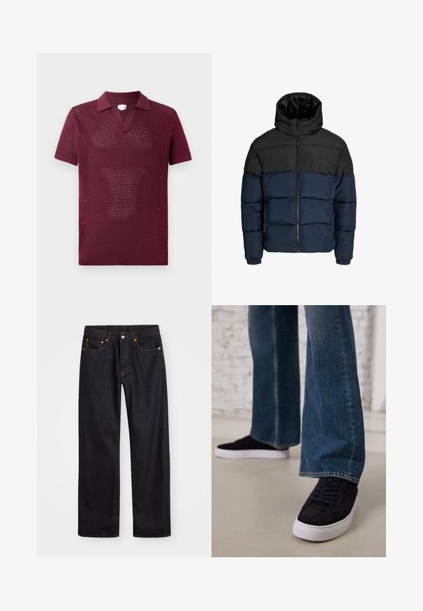 Fújtatott dzseki fekete felső résszel és tengerészkék alsó résszel. Cipzáras záródással, kapucnival és elasztikus mandzsettákkal rendelkezik. Simább, párnázott textúra.; Burgundi színű, rövid ujjú póló, textúrált, nyitott szövettel, V-nyakkal és strukturált gallérral, könnyű kötött anyagból készült.; Férfi egyenes szabású fekete farmernadrág öt zsebbel és narancssárga varrással, gombos és cipzáros záródással elöl.; Sötétkék velúr sportcipők fehér gumitalppal és fűzőkkel, széles szárú farmernadrággal, közepes kék mosással párosítva.