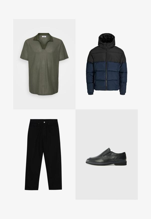Donsjack met een zwart bovenstuk en een marineblauw onderstuk. Bevat een ritssluiting, capuchon en elastische manchetten. Soepele, gewatteerde textuur.; Olijfgroene polo met korte mouwen, voorzien van een ribbelstructuur, V-hals en een contrasterend kraagontwerp. Lichtgewicht stof met een ontspannen pasvorm.; Zwarte denim broek met een recht gesneden pasvorm, vijf gebruikersvriendelijke zakken en een sluiting met een knoop aan de voorkant. Soepele textuur met minimale stikdetails.; Zwarte leren instapper met een soepele bovenkant, gestikte accenten, ronde neus en een lage rubberen hak. De zool heeft minimale profiel.