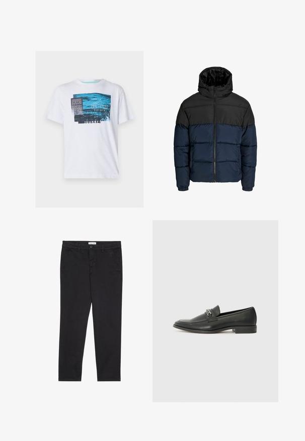 Puffjakker, mille ülemine osa on must ja alumine osa meri sinine. Omab lukuga sulgemist, kapuutsi ja elastseid mansette. Sile, polsterdatud tekstuur.; Valge lühikeste varrukatega t-särk, millel on sinine graafiline disain koos tekstiga, tekstuuriga muster ja ümmargune kaelus, valmistatud kergest puuvillasegusest materjalist.; Mustad puuvillased püksid kitsas lõikes, millel on kaks külgtaskut ja ees klõpsuga kinnitamine. Tekstuuriga kangas, millel on peened detailid.; Must haveate nahkking punased, millel on sile viimistlus, tikitud muster ja dekoratiivne metallkett vampi üle. Tasane konts.