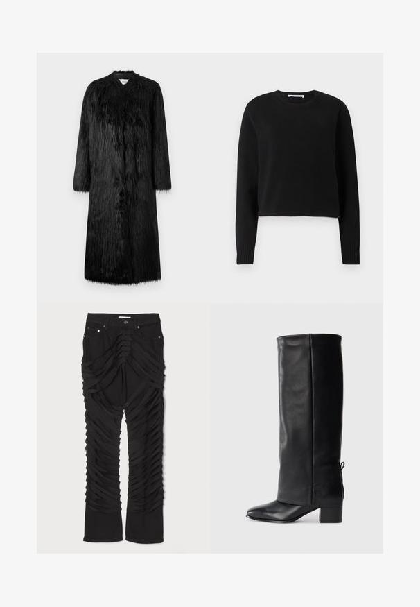 Must mustraamiga must faux karvaga mantel, millel on täispikk disain, pikad varrukad ja pehme, tekstureeritud pind. Omab minimalistlikku stiili ja nähtavaid kinnitusi ei ole.; Must värvi lühike kampsun pikade varrukatega, sooniku krae ja mansettide ning pehme kootud materjaliga. Lihtne ja sujuv disain.; Mustad püksid, millel on kihtidest riideriba jalge ääres, lukuga ees ja nööbi kinnitusega. Valmistatud pehmest ja tekstuuriga materjalist.; Mustad mustad, millel on sile viimistlus, ruudukujuline varvas, plokk-konts ja küljel vajalikud paela detailid reguleeritavaks sobivuseks.