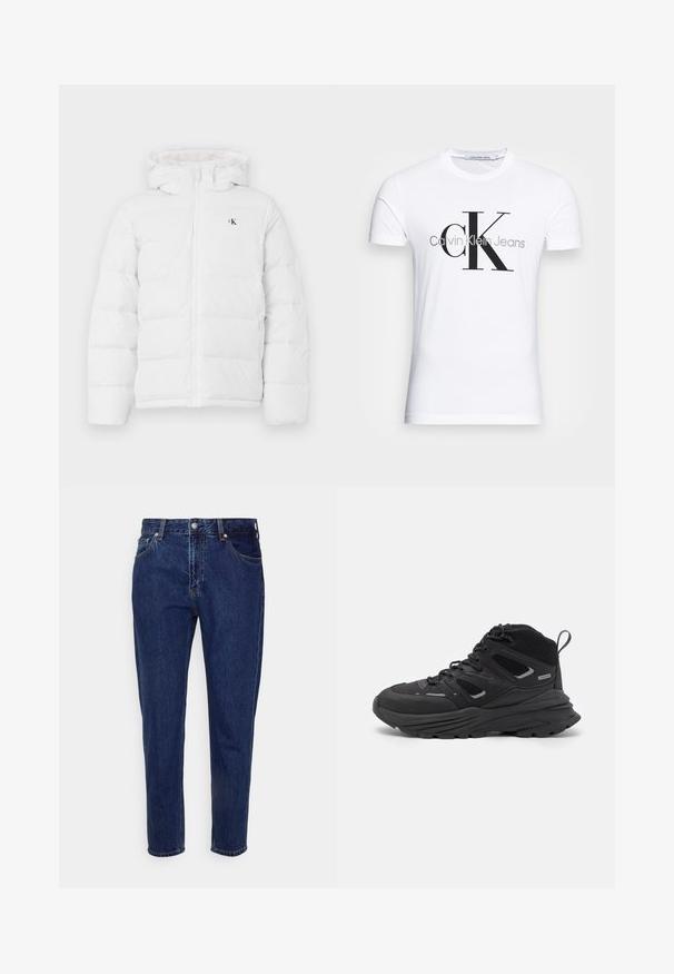 Casaco branco acolchoado com capuz, zíper frontal, bolsos laterais e pequeno logótipo "cK" preto no peito.; T-shirt de algodão branco com um logotipo preto "CK" e o texto "Calvin Klein Jeans", com mangas curtas e um decote redondo clássico.; Jeans de denim azul escuro com um corte reto, cinco bolsos e fecho de botão. Apresenta desbotamento sutil e detalhes de costura.; Botas de caminhada pretas com um design em camadas, tecido texturizado e sola de borracha, com áreas reforçadas e atacadores na frente.