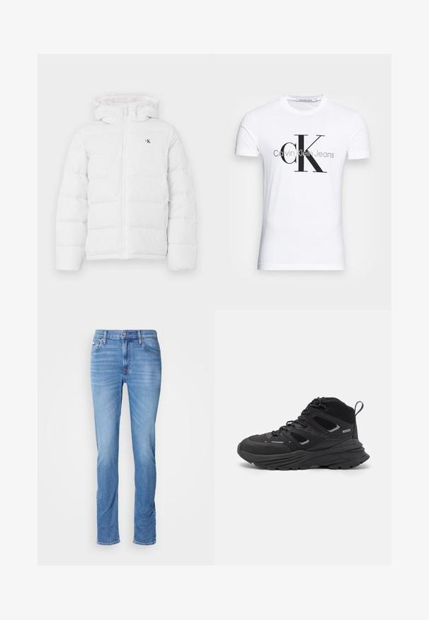 Bílá padací bunda s kapucí, předním zipem, bočními kapsami a malým černým logem "cK" na hrudi.; Bílý bavlněný tričko s černým logem "CK" a textem "Calvin Klein Jeans", krátké rukávy a klasický kulatý výstřih.; Svetle modré slim-fit džíny s předním zapínáním na knoflík a zip, pěti kapsami a jemným zesvětláním na stehnech a kolenou.; Černé turistické boty s vrstveným designem, texturovanou látkou a gumovou podešví, se zesílenými částmi a šněrovacím uzávěrem.