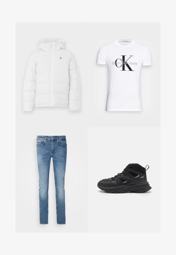 Balts polsterēts jake ar kapuci, priekšējais rāvējslēdzis, sānu kabatas un neliels melns "cK" logo uz krūtīm.; Baltas kokvilnas T-krekls ar melnu "CK" logo un tekstu "Calvin Klein Jeans", īsām piedurknēm un klasisku apaļu kakla izgriezumu.; Gai zila džinsu bikses ar šauru piegriezumu, piecu kabatu dizainu, redzamu izšuvumu un vieglu izbalējumu. Satur zīmola plāksnīti jostasvietā.; Melnas pārgājienu kurpes ar slāņotu dizainu, teksturētu audumu un gumijas zoli, ar nostiprinātām vietām un auklām priekšā.