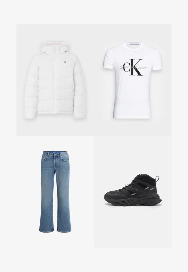 Bijela podstavljena jakna s kapuljačom, prednjim patentnim zatvaračem, bočnim džepovima i malim crnim "cK" logotipom na prsima.; Bijela pamučna majica s crnim "CK" logotipom i natpisom "Calvin Klein Jeans", kratki rukavi i klasičan okrugli izrez.; Svijetlo plave traperice sa širokim nogavicama, srednjim strukom, pet džepova i suptilnom teksturiranom površinom, s klasičnim zatvaranjem na dugme.; Crne planinarske cipele s višeslojnim dizajnom, teksturiranom tkaninom i gumenenim potplatom, s ojačanim dijelovima i vezicama sprijeda.