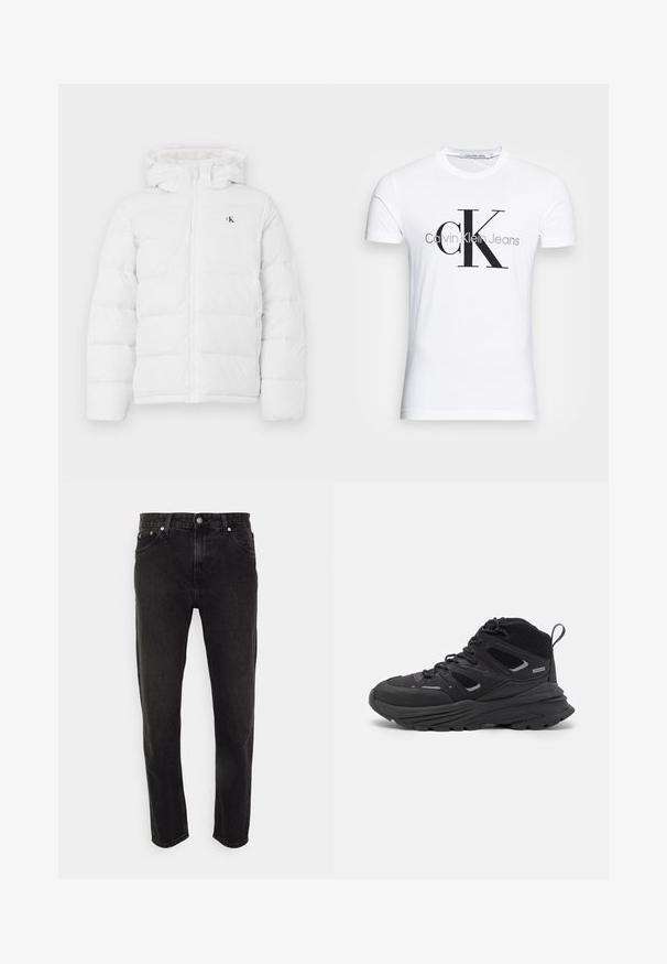 Casaco branco acolchoado com capuz, zíper frontal, bolsos laterais e pequeno logótipo "cK" preto no peito.; T-shirt de algodão branco com um logotipo preto "CK" e o texto "Calvin Klein Jeans", com mangas curtas e um decote redondo clássico.; Calças de ganga pretas com um design de perna reta, apresentando uma cintura média, passantes para cinto e estilo de cinco bolsos. Textura suave com desbotamento mínimo.; Botas de caminhada pretas com um design em camadas, tecido texturizado e sola de borracha, com áreas reforçadas e atacadores na frente.