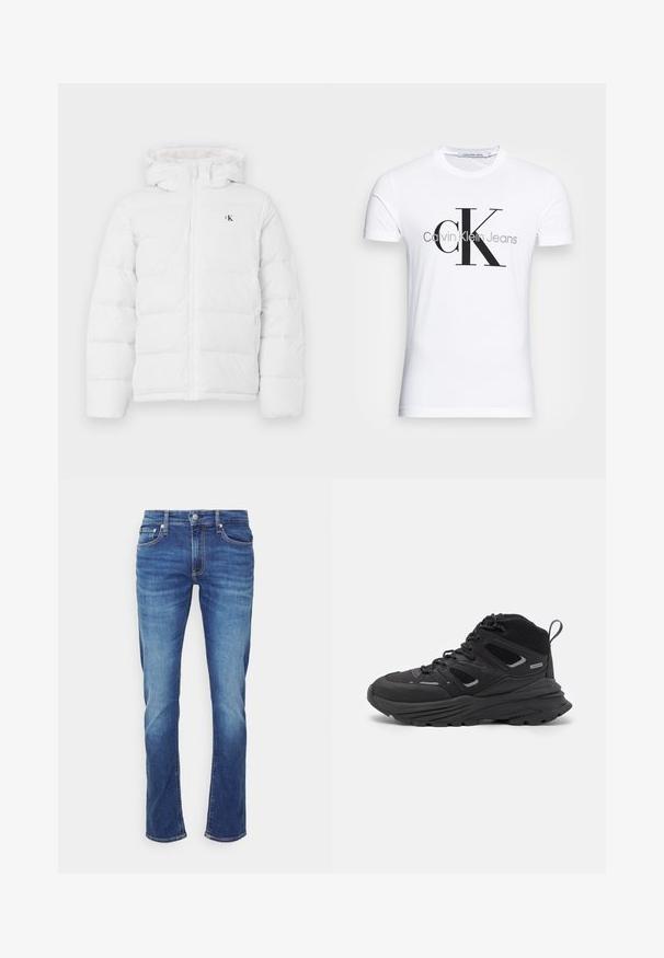 Bijela podstavljena jakna s kapuljačom, prednjim patentnim zatvaračem, bočnim džepovima i malim crnim "cK" logotipom na prsima.; Bijela pamučna majica s crnim "CK" logotipom i natpisom "Calvin Klein Jeans", kratki rukavi i klasičan okrugli izrez.; Plave traperice s ravnim nogavicama. Karakteristike uključuju klasičan raspored pet džepova i vidljive detalje šivanja.; Crne planinarske cipele s višeslojnim dizajnom, teksturiranom tkaninom i gumenenim potplatom, s ojačanim dijelovima i vezicama sprijeda.