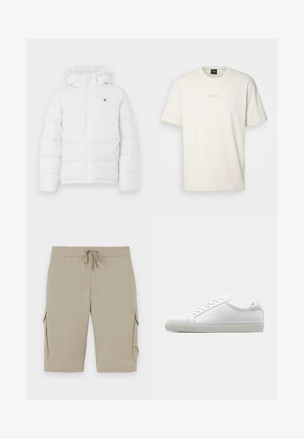 Bela podložena jakna s kapuco, sprednjim zadrgo, stranskimi žepi in majhnim črnim logotipom "cK" na prsih.; BOSS TEE - Navadna majica - open white; Bež kratke hlače s cargo stilom, z elastičnim pasom in vrvico. Imajo stranske žepe in gladko, lahko tkanino.; Bela športna obutev z gladkim usnjenim zgornjim delom in nizkim profilom. Ima zaokrožen nos, šest lukenj za vezalke in teksturiran gumijast podplat.