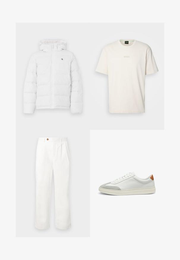 Biała kurtka ocieplana z kapturem, zamek z przodu, boczne kieszenie oraz małe czarne logo "cK" na piersi.; BOSS - T-shirt basic; Białe bawełniane spodnie o prostym kroju, z dwoma frontowymi zakładkami, pojedynczym zapięciem na guzik i kieszeniami bocznymi. Gładka tekstura.; Białe skórzane tenisówki z szarymi zamszowymi akcentami oraz brązowym skórzanym zapiętkiem. Posiadają teksturowaną powierzchnię i lekką podeszwę.