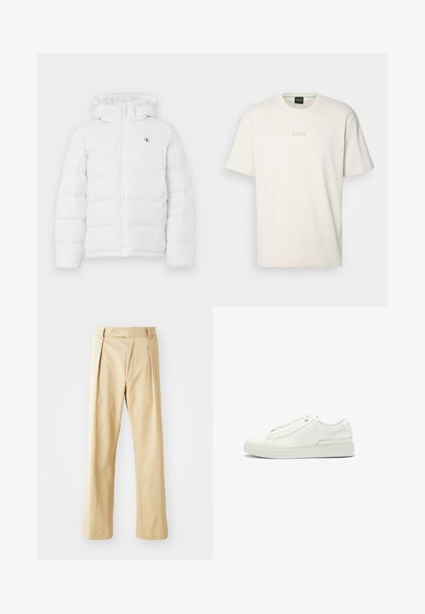 Chaqueta blanca acolchada con capucha, cremallera frontal, bolsillos laterales y pequeño logo negro "cK" en el pecho.; BOSS TEE - Camiseta básica - open white; Pantalones beige con un diseño de pierna recta, que cuentan con pliegues frontales, un cierre de botón y una textura suave. Sin patrones o acentos visibles.; Zapatilla de cuero blanco con un upper texturizado, punta redonda, diseño minimalista y suela de goma con detalles cosidos.