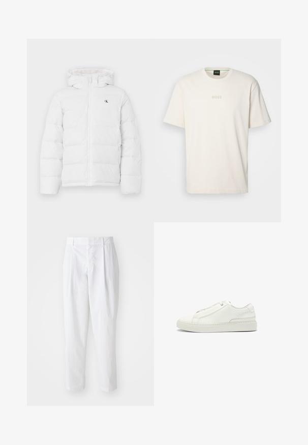 White padded jacket with hood, front zipper, side pockets, and small black "cK" logo on the chest.; BOSS TEE - Basic T-shirt - open white; White pleated trousers with a high waist and cropped length, featuring a smooth texture and clean lines. No visible hardware or patterns.; White leather sneaker featuring a textured upper, a round toe, minimalistic design, and a rubber sole with stitched detailing.