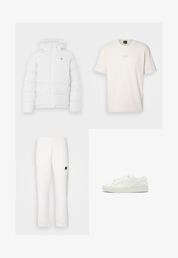 Hvid polstret jakke med hætte, frontlynlås, sidelommer og lille sort "cK" logo på brystet.; BOSS TEE - T-shirts basic - open white; Hvide sweatpants med elastisk talje, tapered ben, tekstureret stof og præget "HUGO" logo på venstre lår.; Hvide lædersneakers med en tekstureret overdel, rund tå, minimalisk design og en gummisål med syede detaljer.