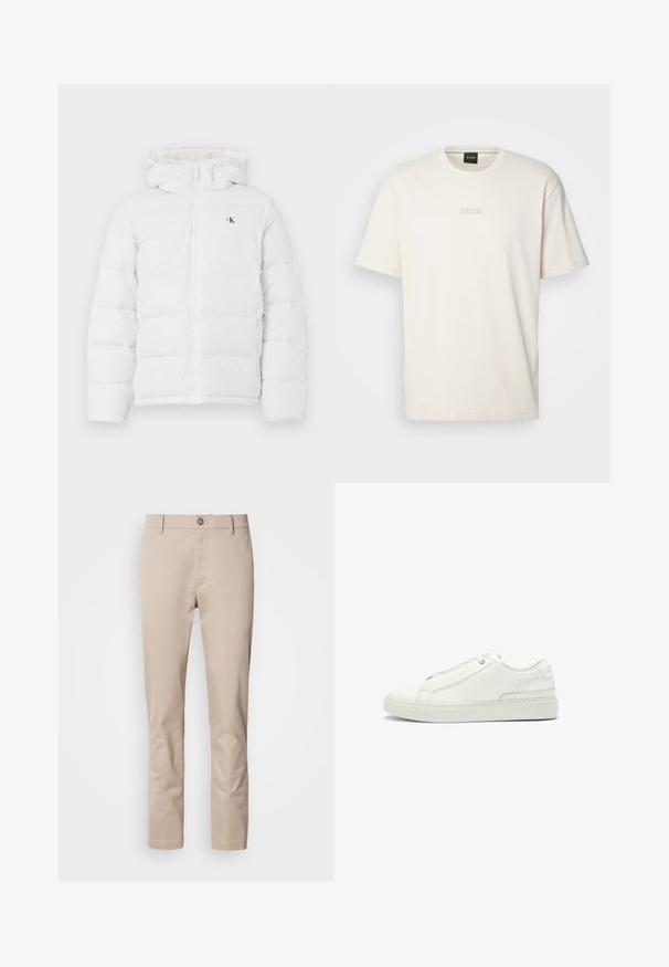 Vit vadderad jacka med huva, framdragkedja, sidofickor och liten svart "cK" logo på bröstet.; BOSS TEE - T-shirt - bas - open white; Beige bomullschinos med rak passform, bältesöglor, en enda framknapp och en slät, otexturerad yta. Inga fickor är synliga.; Vita lädersneaker med en texturerad ovandel, rund tå, minimalistisk design och en gummisula med sömdetaljer.