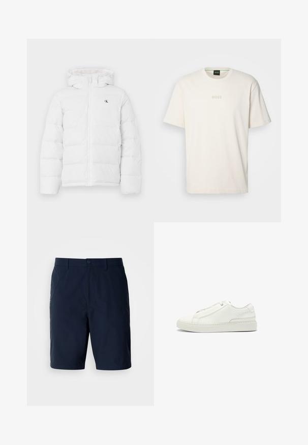 Giacca imbottita bianca con cappuccio, zip frontale, tasche laterali e piccolo logo "cK" nero sul petto.; BOSS TEE - T-shirt basic - open white; Pantaloni corti blu navy realizzati in tessuto leggero, con una vestibilità classica, tasche posteriori e chiusura frontale con bottone e zip.; Sneaker bianca in pelle con tomaia testurizzata, punta tonda, design minimalista e suola in gomma con dettagli cuciti.