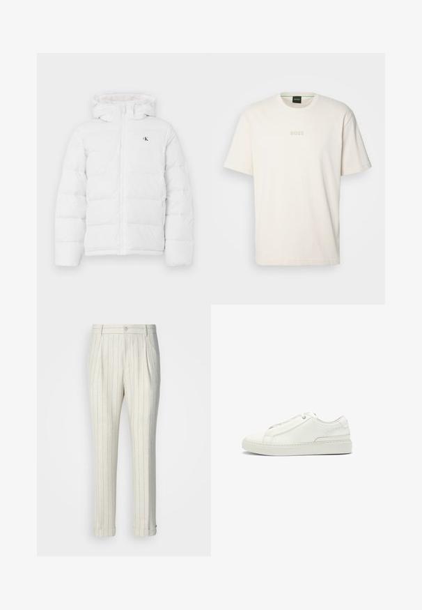 Hvid polstret jakke med hætte, frontlynlås, sidelommer og lille sort "cK" logo på brystet.; BOSS TEE - T-shirts basic - open white; Plissébukser lavet af let stof, med en cremefarvet bund og tynde blå lodrette striber. Med oppyntede kanter og en enkelt frontknap.; Hvide lædersneakers med en tekstureret overdel, rund tå, minimalisk design og en gummisål med syede detaljer.
