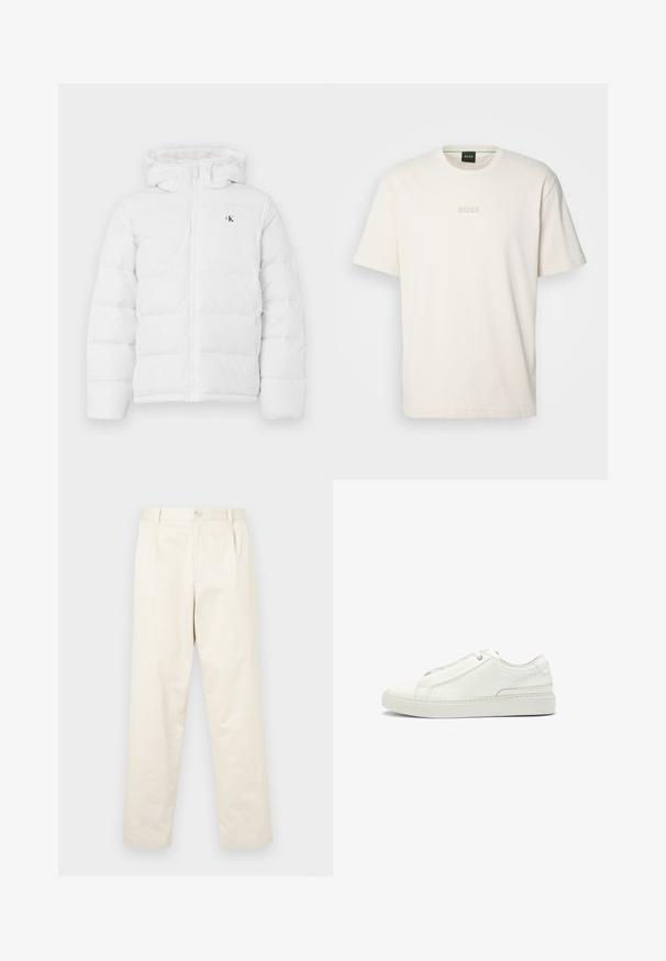 Hvid polstret jakke med hætte, frontlynlås, sidelommer og lille sort "cK" logo på brystet.; BOSS TEE - T-shirts basic - open white; Lys beige bomulds chinos med lige ben-design, der har en knaplukning og to sidelommer. Glat tekstur uden synlige mønstre.; Hvide lædersneakers med en tekstureret overdel, rund tå, minimalisk design og en gummisål med syede detaljer.
