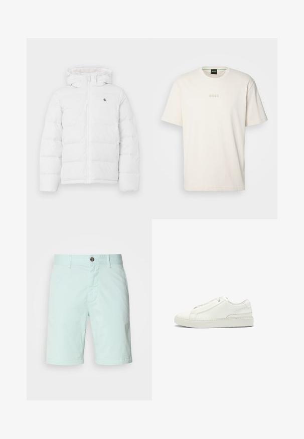 White padded jacket with hood, front zipper, side pockets, and small black "cK" logo on the chest.; BOSS TEE - Basic T-shirt - open white; Light mint green shorts made of cotton, featuring a zipper fly, button closure, and side pockets. Smooth texture with a casual design.; White leather sneaker featuring a textured upper, a round toe, minimalistic design, and a rubber sole with stitched detailing.