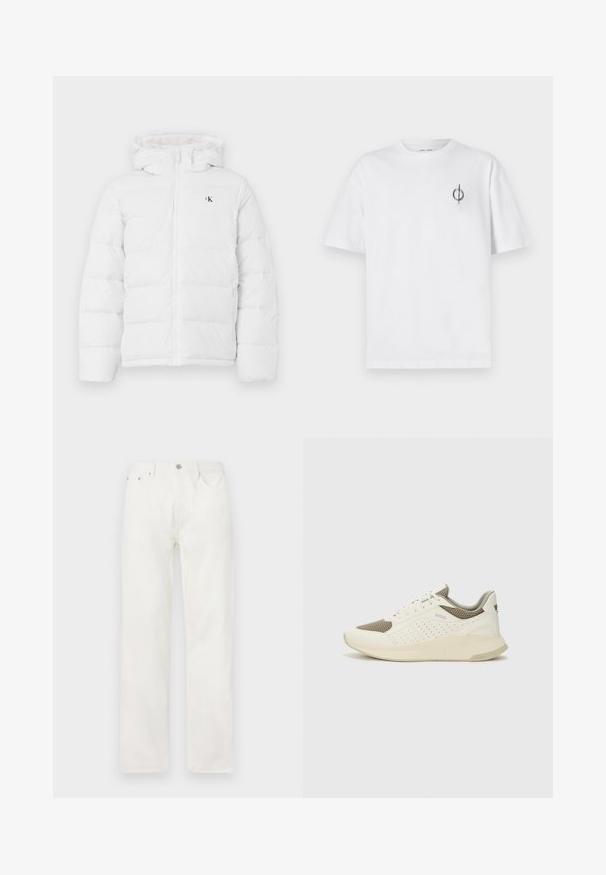 Jachetă albă captusită cu glugă, fermoar frontal, buzunare laterale și un mic logo negru "cK" pe piept.; Tricou alb din bumbac cu o croială lejeră, având un mic logo grafic negru în zona stângă a pieptului. Mâneci scurte, stil guler rotund.; Jeans din denim alb cu croială dreaptă, închidere cu nasture și fermoar, design cu cinci buzunare și fără modele sau accente vizibile.; Tenis sportivi alb și bej deschis, cu un înveliș din plasă, detalii perforate și o talpă intermediară texturată, având marcaj pe călcâi.
