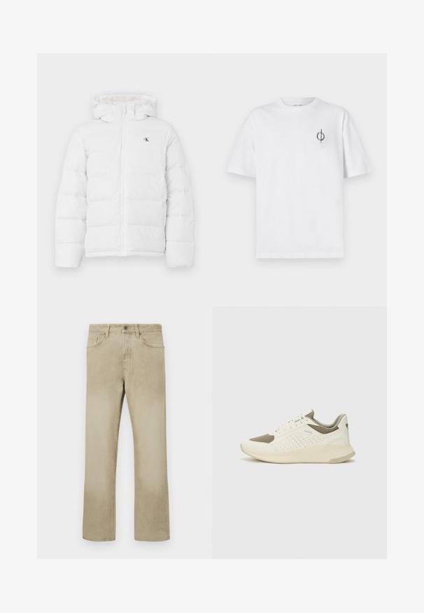 Baltas paminkštintas švarkas su gobtuvu, priekinė užtrauktukas, šoninės kišenės ir mažas juodas "cK" logotipas ant krūtinės.; Balta medvilninė marškinė su laisvu siluetu, su mažą juodą grafiką logotipą kairėje krūtinės pusėje. Trumpomis rankovėmis, apvaliu kaklu.; Kreminių medvilninių kelnių su tiesia kojų forma, sukišamais priekiniais kišenėmis ir klasikiniais mygtukais. Lygus audinys su švelniu blukimu.; Baltas ir šviesiai bežinis sportinis kedas, su tinklo viršumi, perforuotais detalėmis ir tekstūruotu tarpine su logotipu ant kulno.