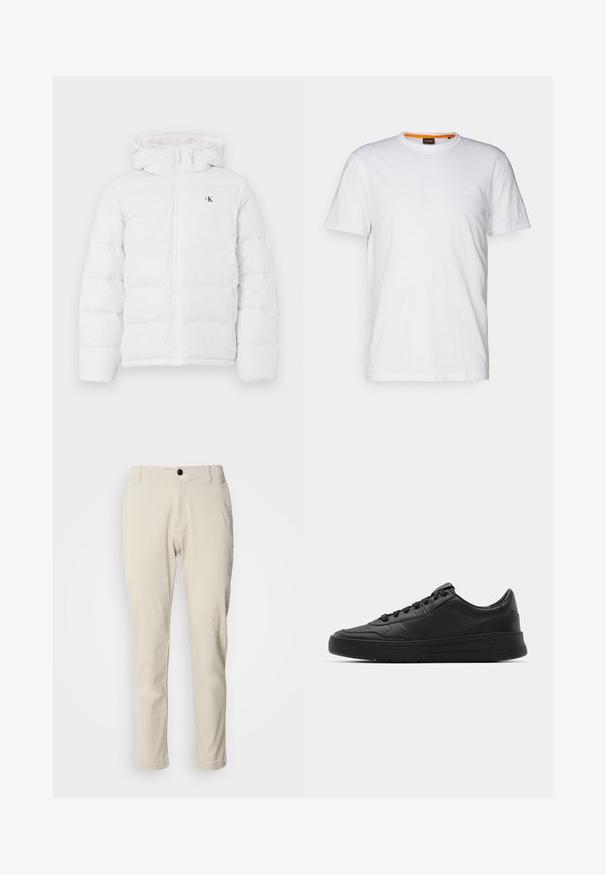 Bela podložena jakna s kapuco, sprednjim zadrgo, stranskimi žepi in majhnim črnim logotipom "cK" na prsih.; Bela bombažna majica s kratkimi rokavi in okroglim izrezom, z diskretnim reliefnim logotipom na prsih. Notranja oznaka ima oranžni akcent.; Bež chinos hlače s ravnim krojem, izdelane iz mehke bombažne tkanine, z zadrgo in enim črnim gumbom za zapiranje.; Črne superge z gladkim usnjenim zgornjim delom, okroglo konico, ravnimi vezalkami, oblazinjeno ovratnikom in minimalističnim dizajnom. Gumijast podplat z diskretnim profilom.